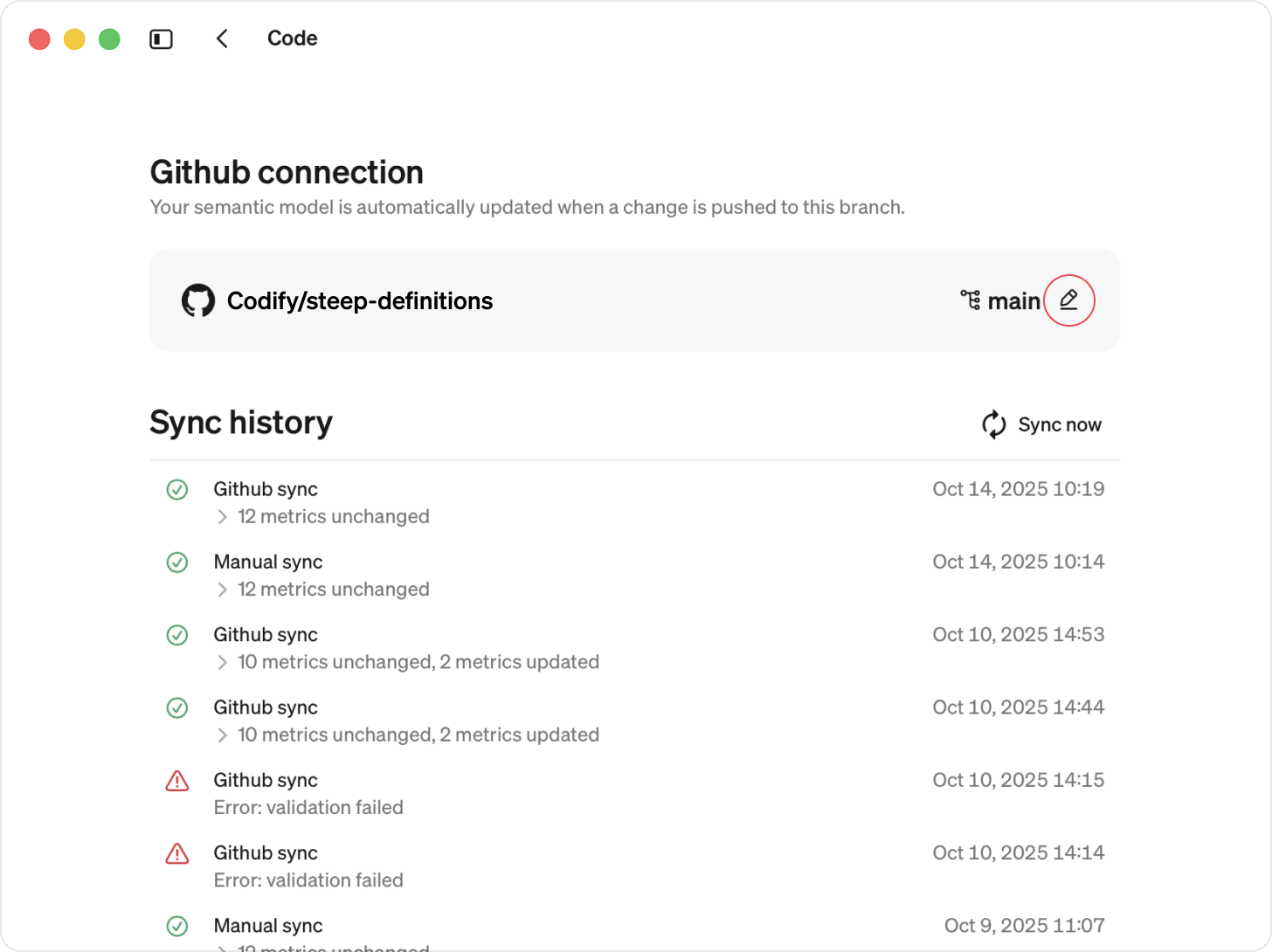 The Steep code settings page